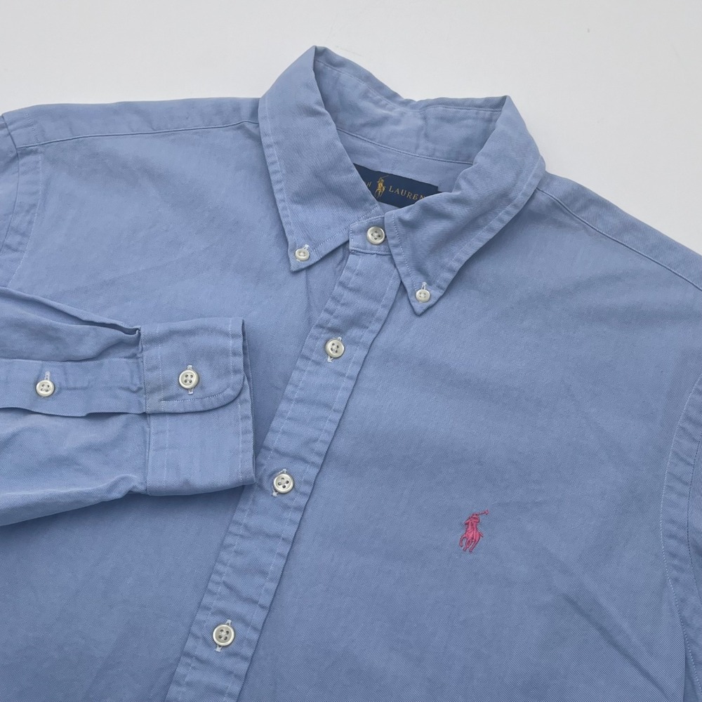 Ralph Lauren Mens Large Light Blue Cotton Oxford Button Down Shirt Pink Pony